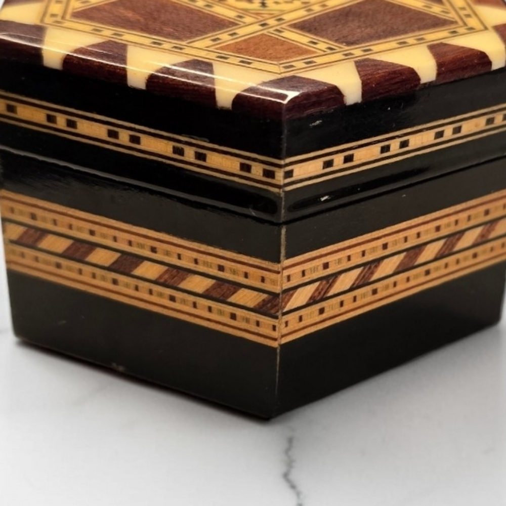 Hexagonal Wooden Jewelry Box with Red Velvet Interior - Picture 5 of 5